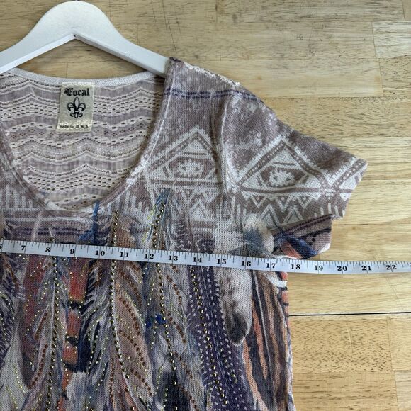 VOCAL Knit Feather Print Beaded Rhinestone Short Sleeve Top Boho Chic Small EUC - Picture 8 of 11